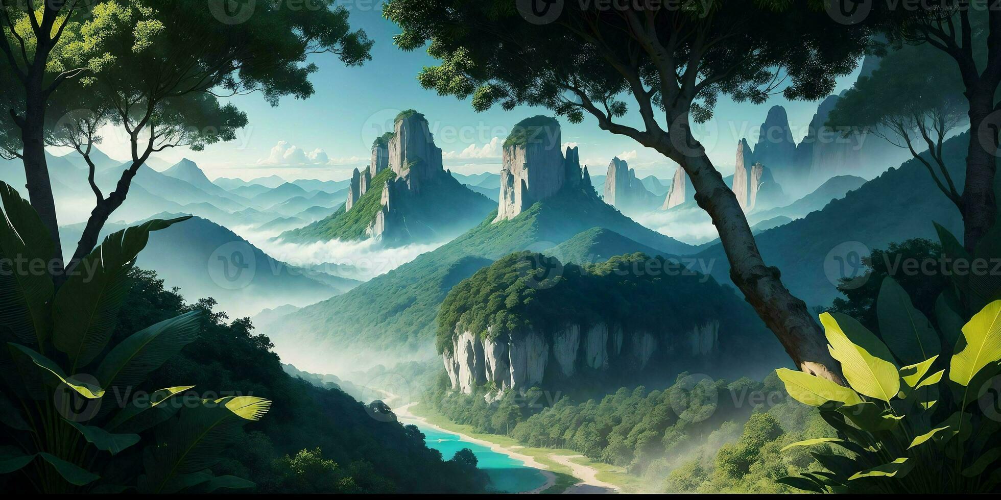 Landscape, green summer jungle in the mountains. Generative AI photo