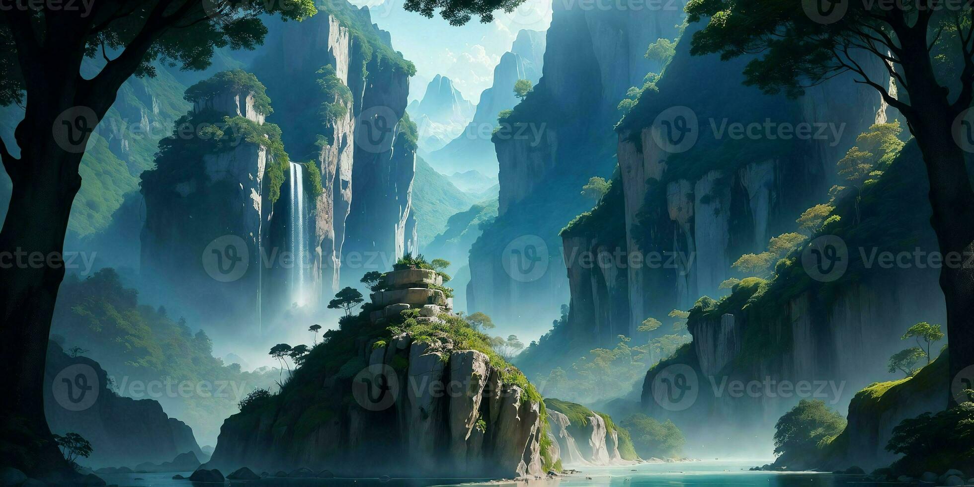 Landscape, green summer jungle in the mountains. Generative AI photo