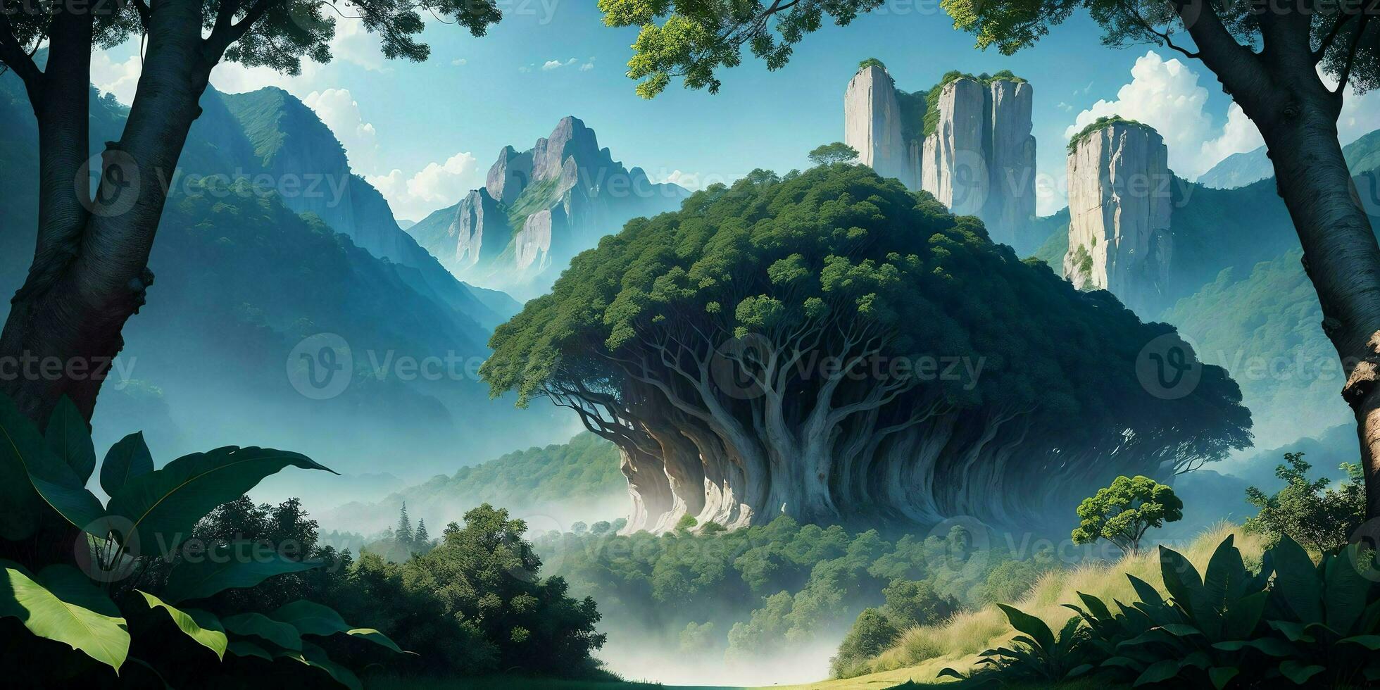 Landscape, green summer jungle in the mountains. Generative AI photo