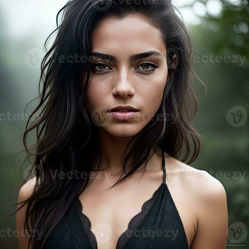 Portrait of a brunette girl, outdoors. Generative AI photo