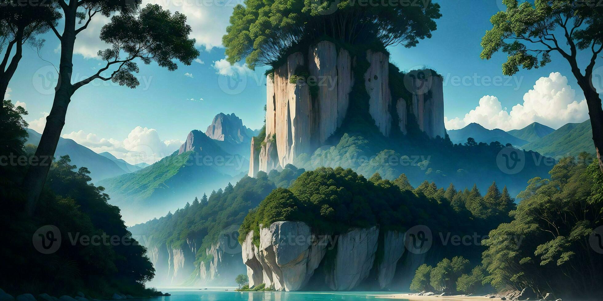 Landscape, green summer jungle in the mountains. Generative AI photo