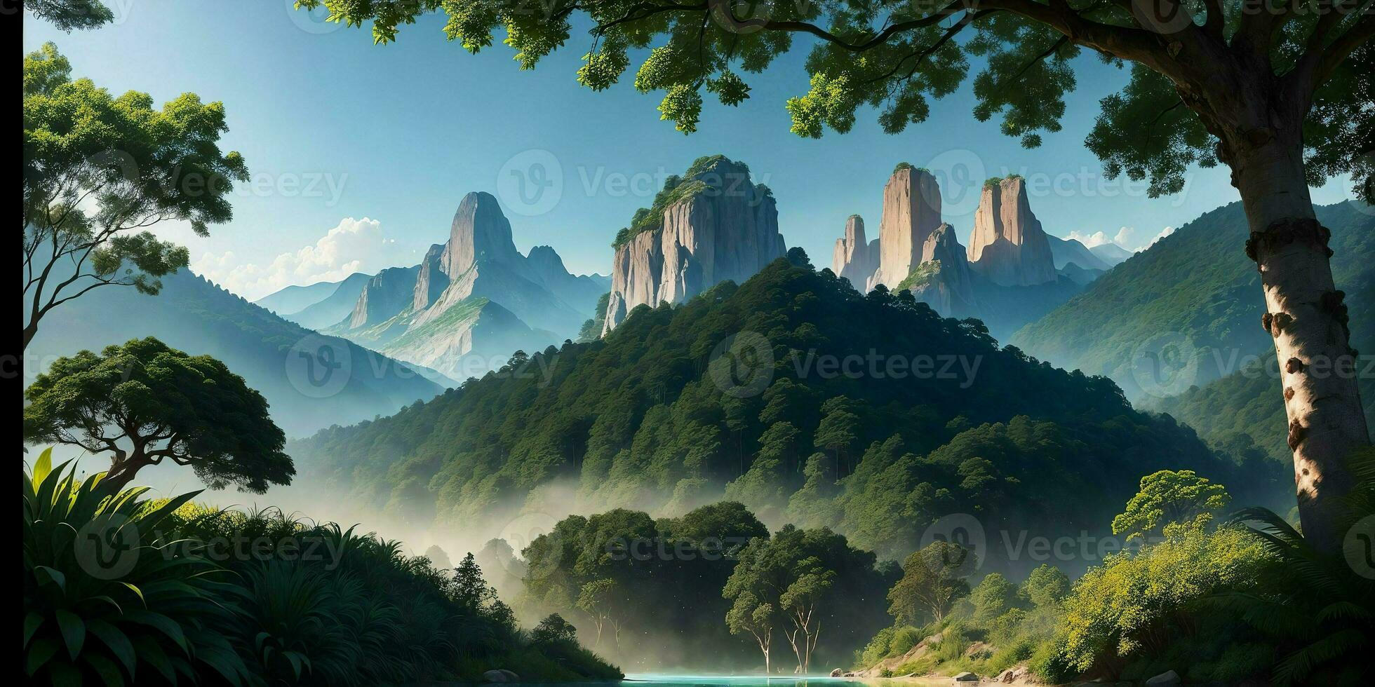 Landscape, green summer jungle in the mountains. Generative AI photo