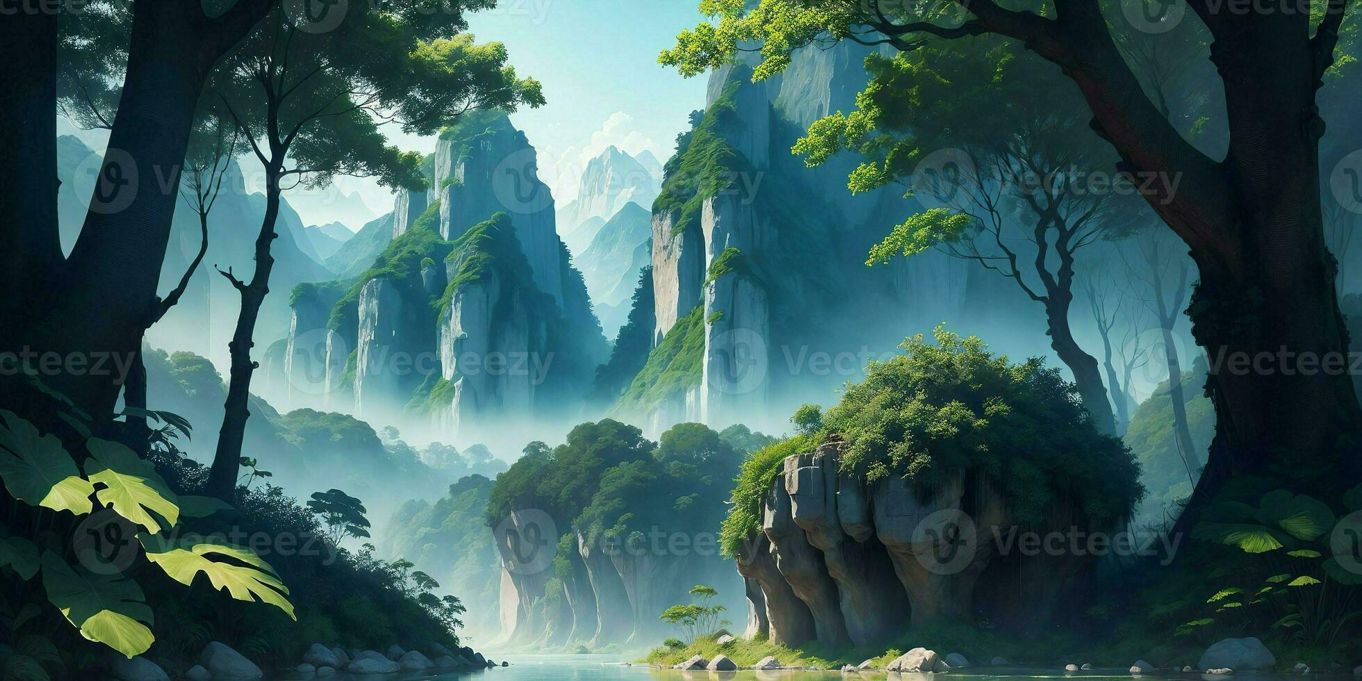 Landscape, green summer jungle in the mountains. Generative AI photo