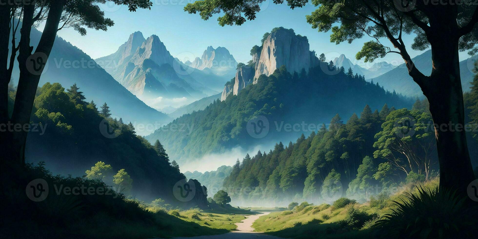 Landscape, green summer jungle in the mountains. Generative AI photo