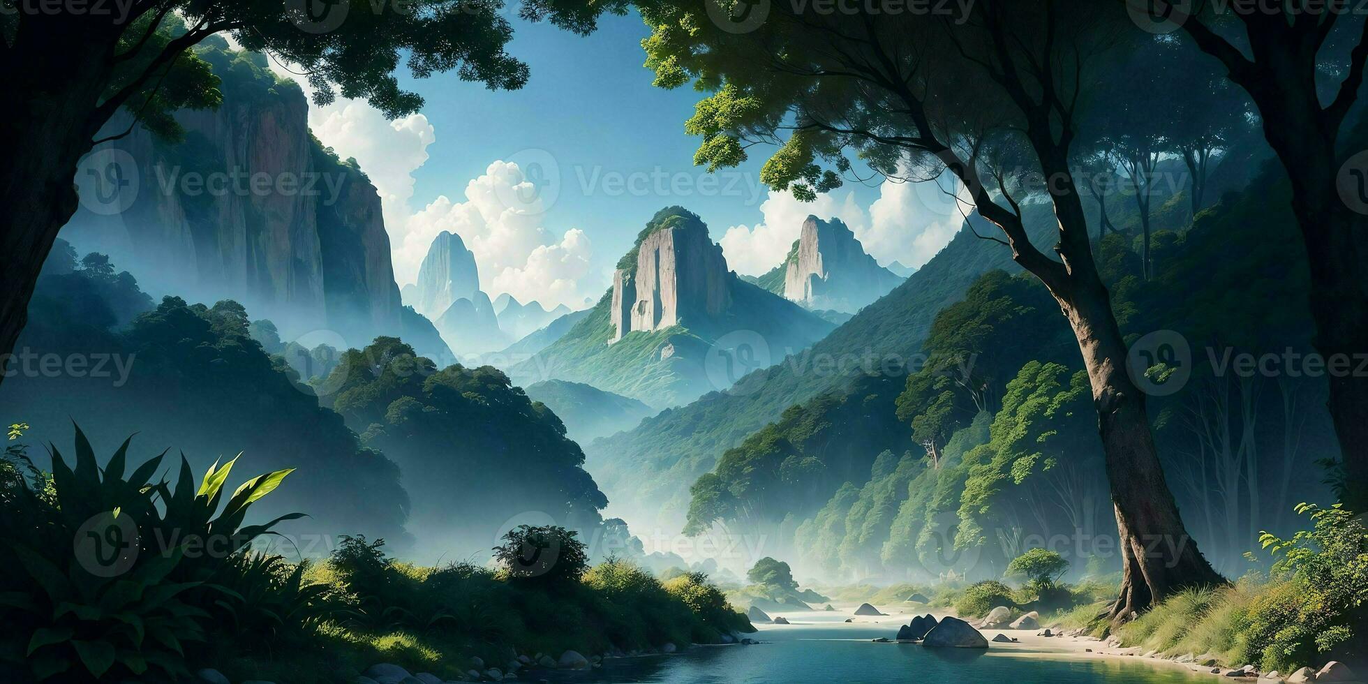 Landscape, green summer jungle in the mountains. Generative AI photo