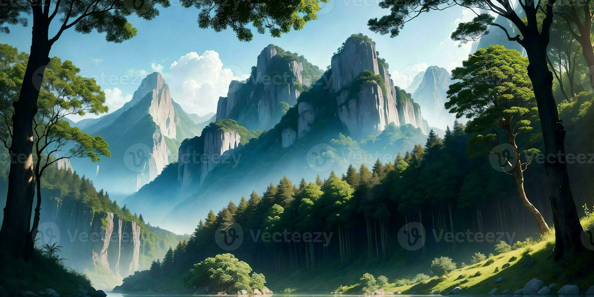 Landscape, green summer jungle in the mountains. Generative AI photo