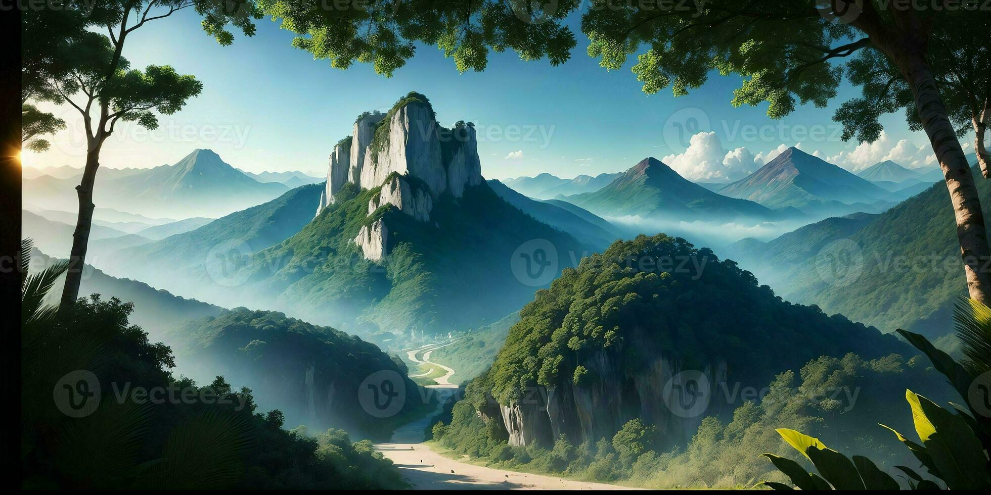 Landscape, green summer jungle in the mountains. Generative AI photo