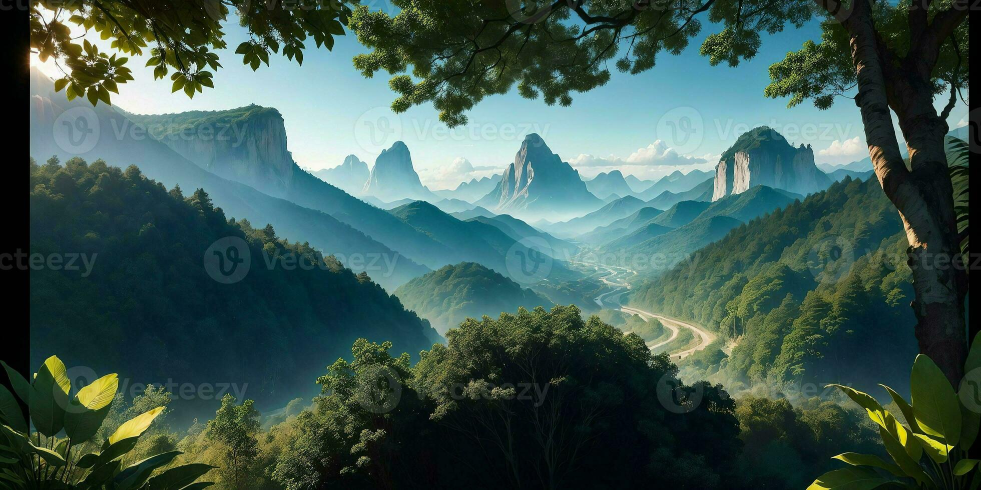 Landscape, green summer jungle in the mountains. Generative AI photo