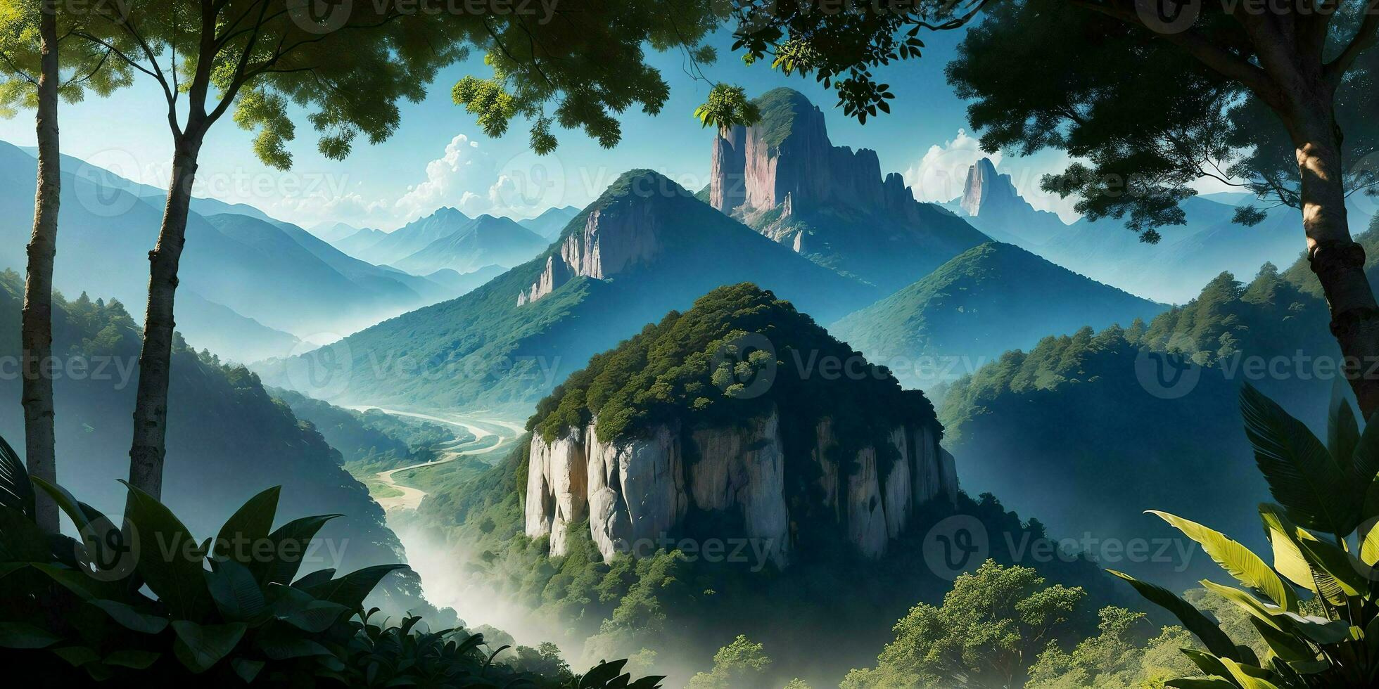 Landscape, green summer jungle in the mountains. Generative AI photo