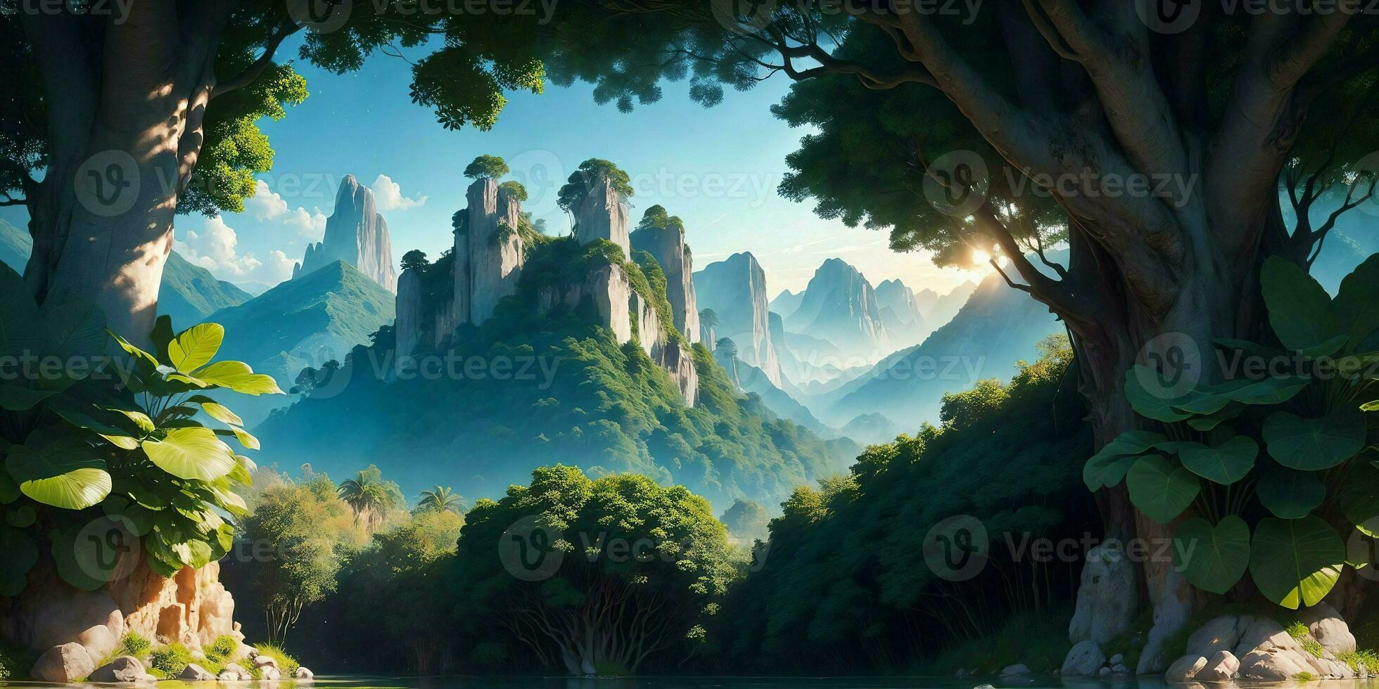 Landscape, green summer jungle in the mountains. Generative AI photo
