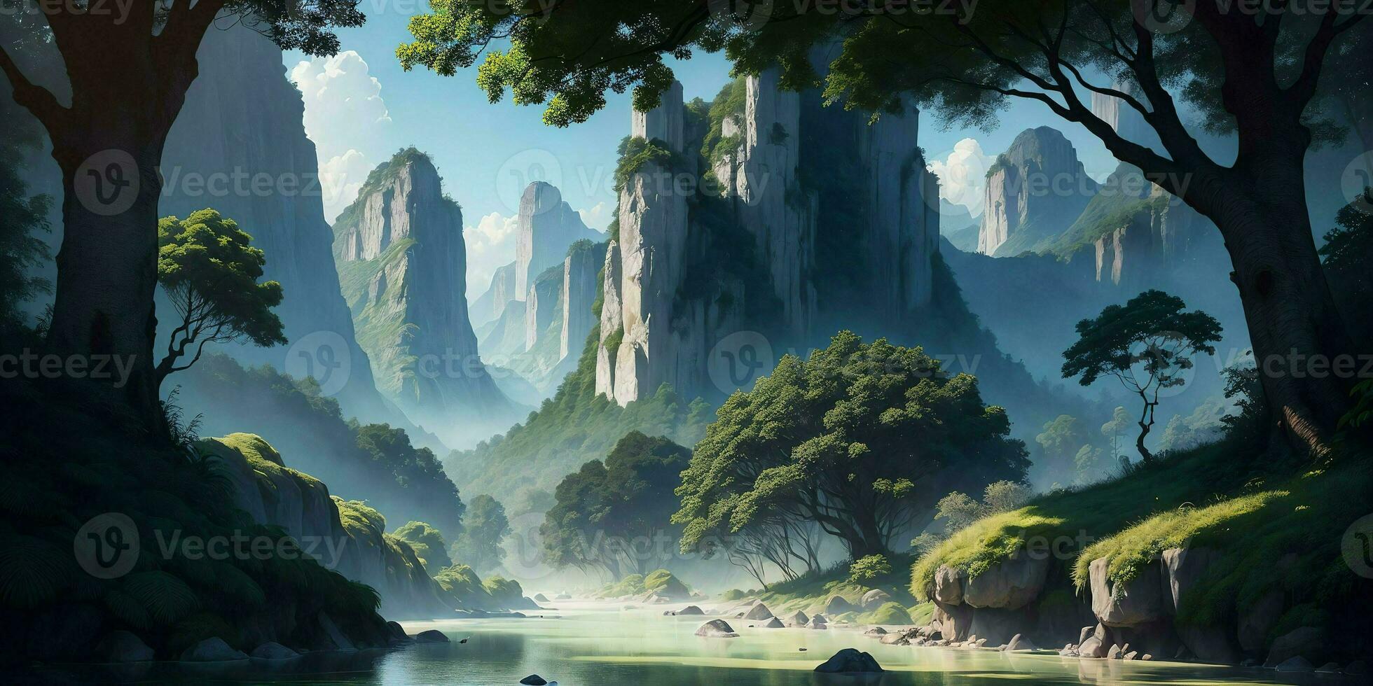 Landscape, green summer jungle in the mountains. Generative AI photo