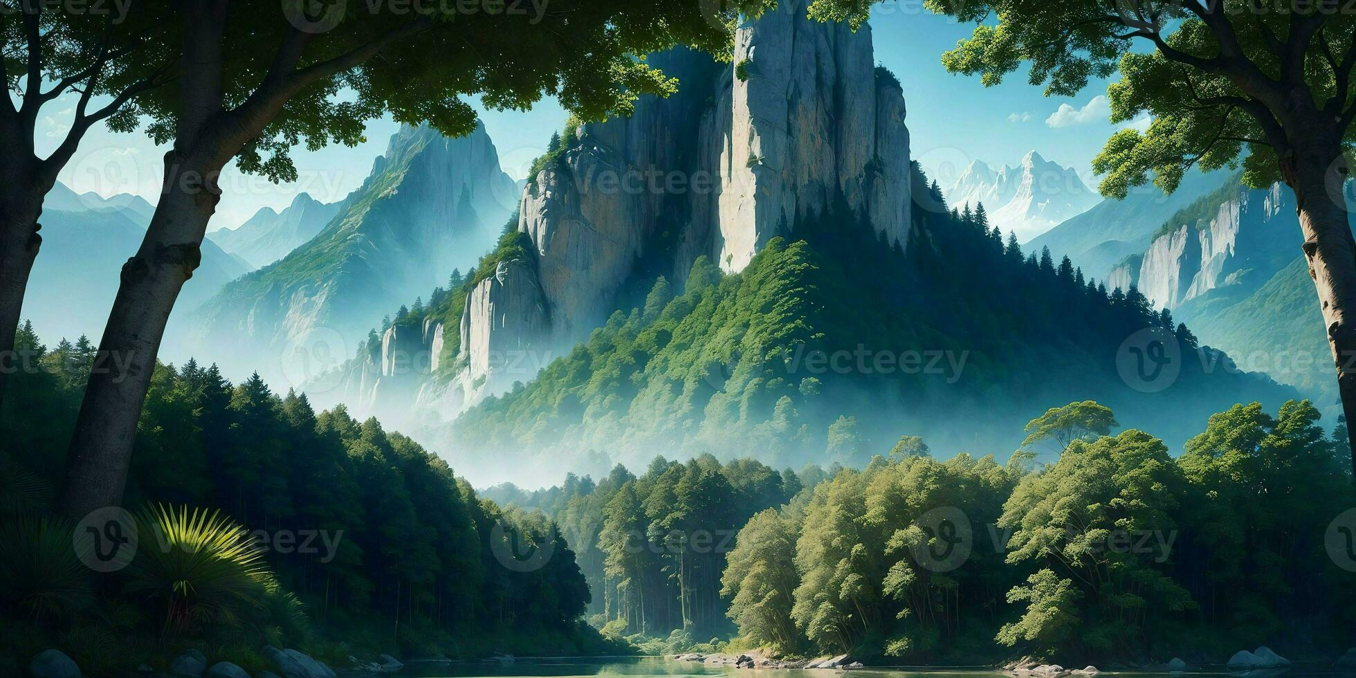 Landscape, green summer jungle in the mountains. Generative AI photo