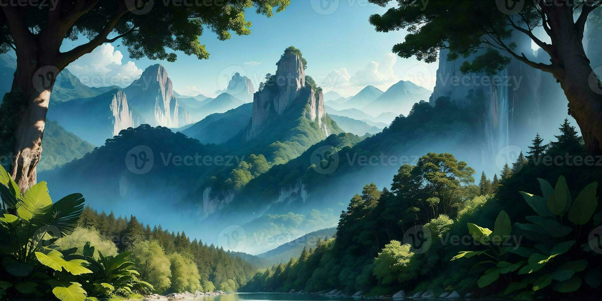 Landscape, green summer jungle in the mountains. Generative AI photo