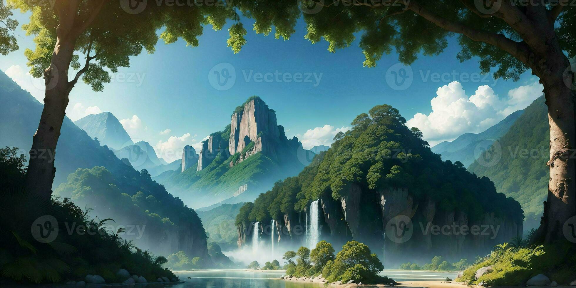 Landscape, green summer jungle in the mountains. Generative AI photo