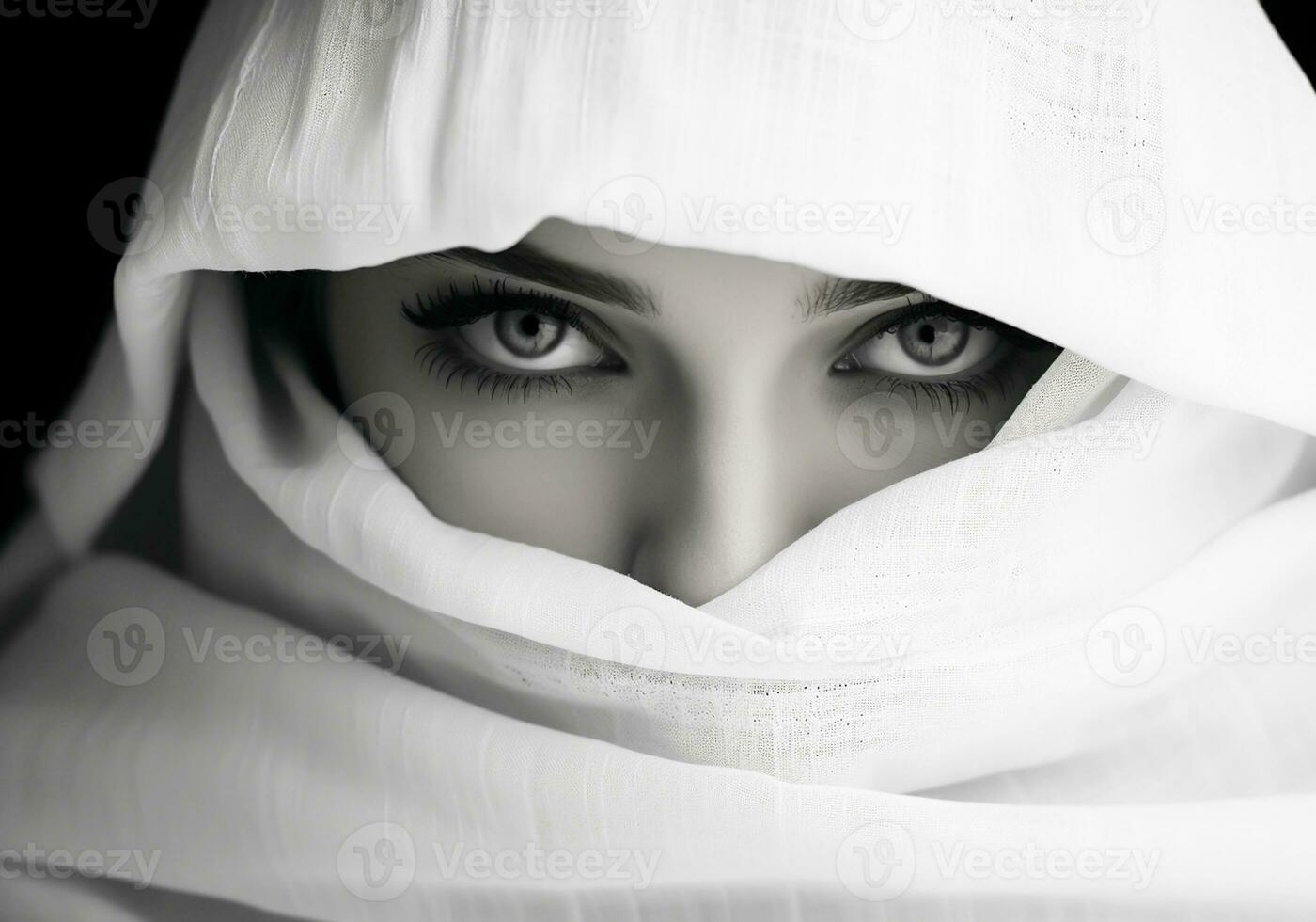 Portrait of a woman with her face covered by white cloth. Captivating elegance style, with soft makeup. AI generative photo