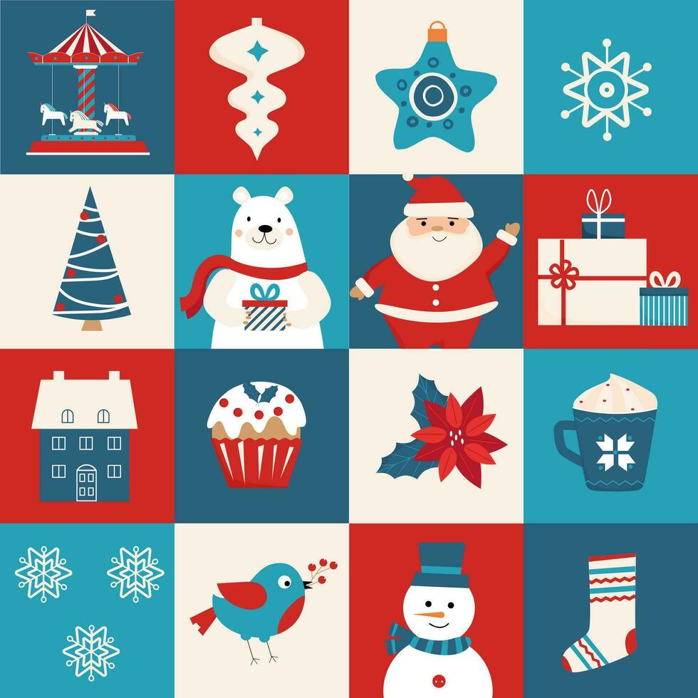 Christmas geometry seamless pattern in blue, red, white color for background, fabric, textile, wrap, surface, web and print design. Square pattern. Icon set. Vector illustration.