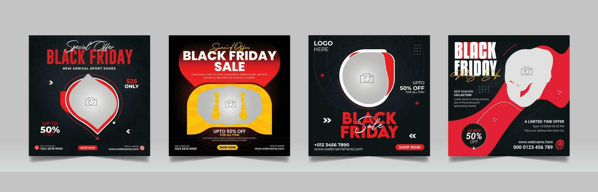 Black Friday discount sale banner product marketing social media post square flyer template set vector