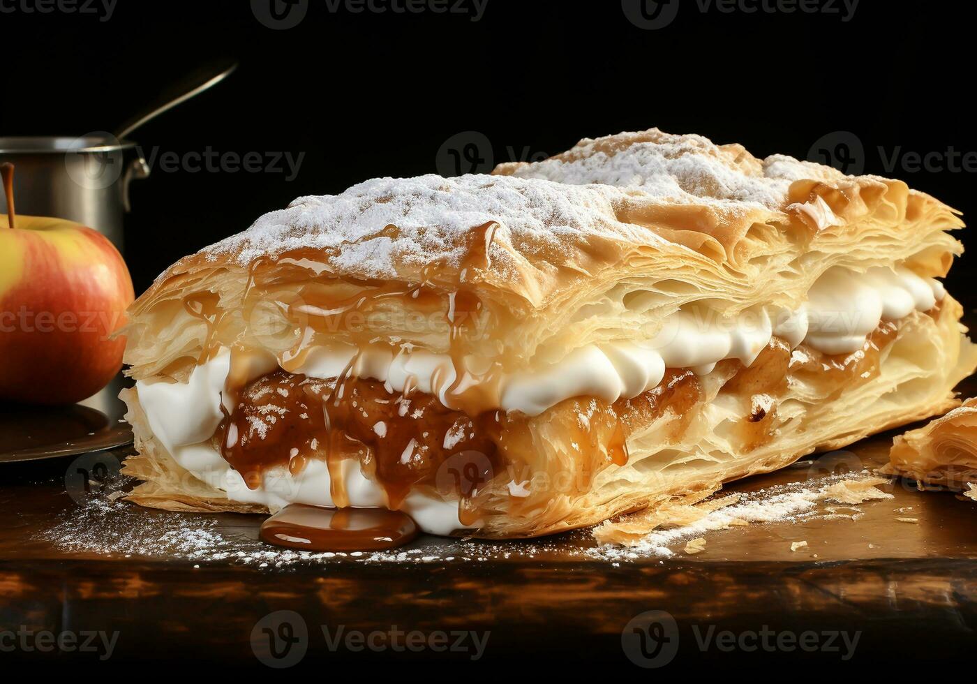 Applestrudel, typical Austrian dessert made with apple and puff pastry. AI generative photo