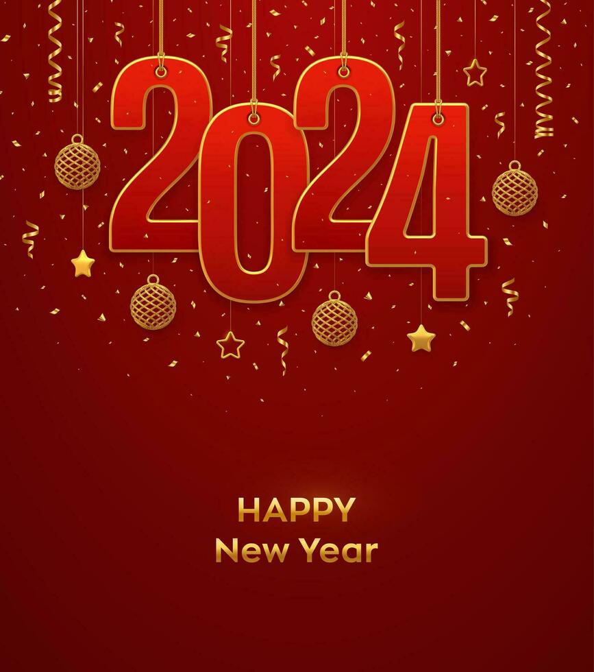 Happy New 2024 Year. Hanging on gold ropes numbers 2024 with shining 3D metallic stars, balls and confetti on red background. New Year greeting card, banner template. Realistic Vector illustration.