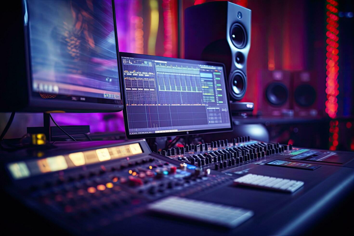 Audio recording studio with professional audio equipment, close-up view, Shot of a Modern Music Record Studio Control Desk with Computer Screen show User Interface of DAW Software, AI Generated photo