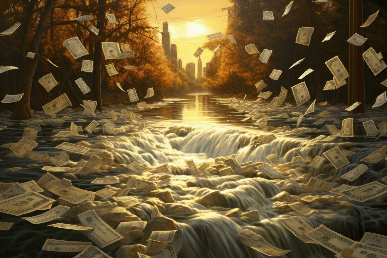 Falling money on the river at sunset, 3d illustration, River of money, concept of Wealth and Abundance, AI Generated photo