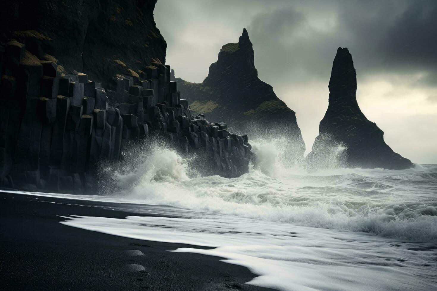Black sand Reynisfjara beach, Iceland. Stormy weather, Reynisfjara Vik in Iceland is a black sand beach with enormous waves, AI Generated photo