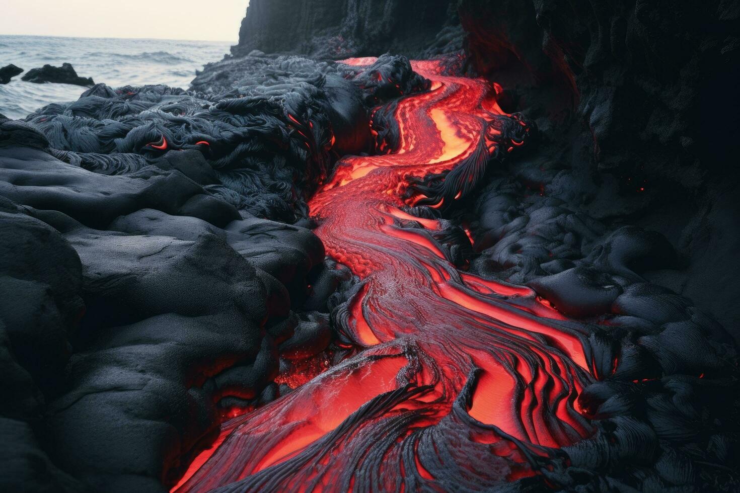 Volcanic lava flow in Hawaii Volcanoes National Park, Big Island, River of pahoehoe lava flowing down a cliff, AI Generated photo