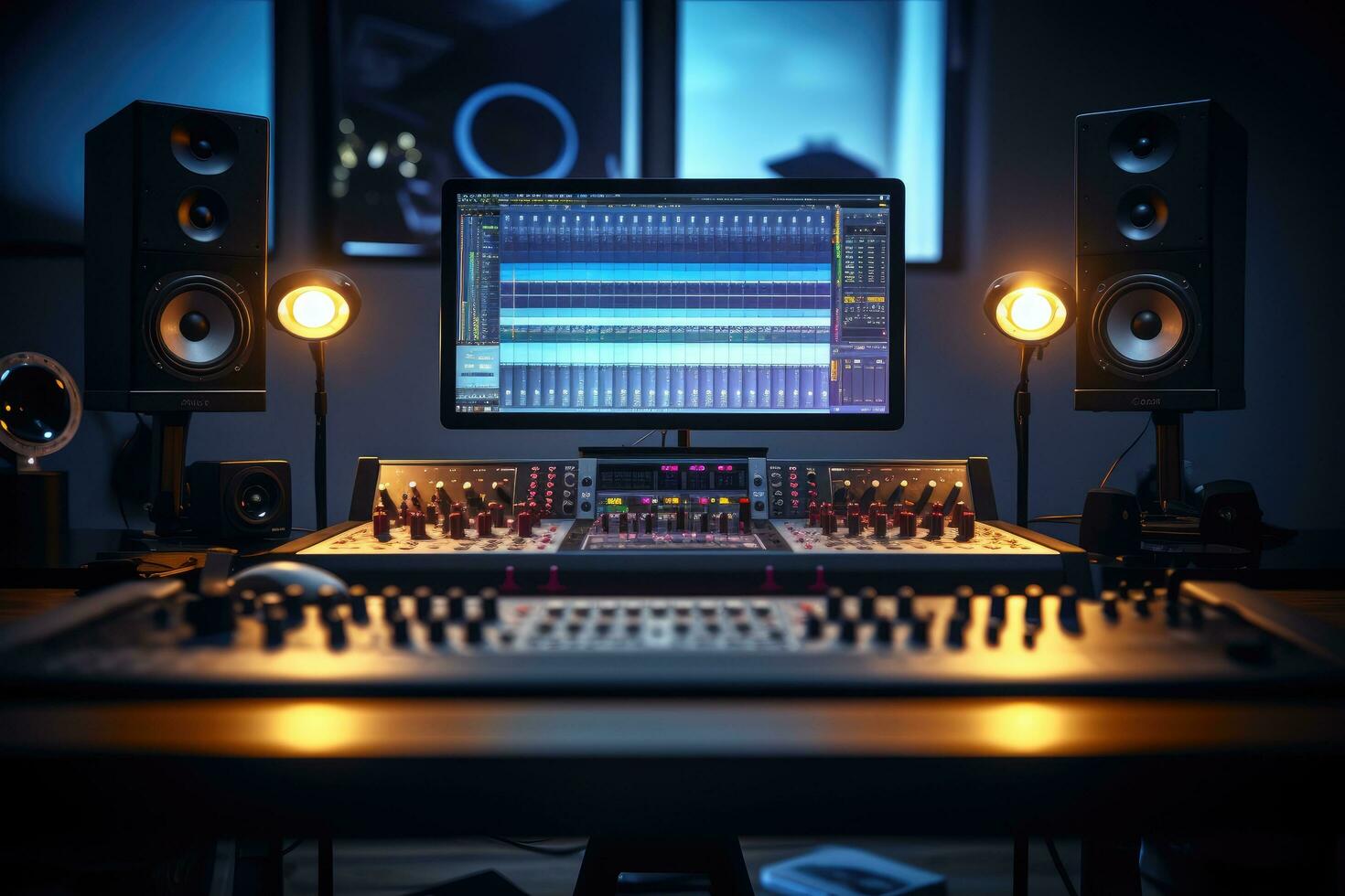 Professional audio mixing console in dark room. Media concept. 3D Rendering, Shot of a Modern Music Record Studio Control Desk with Computer Screen show User Interface of DAW Software, AI Generated photo