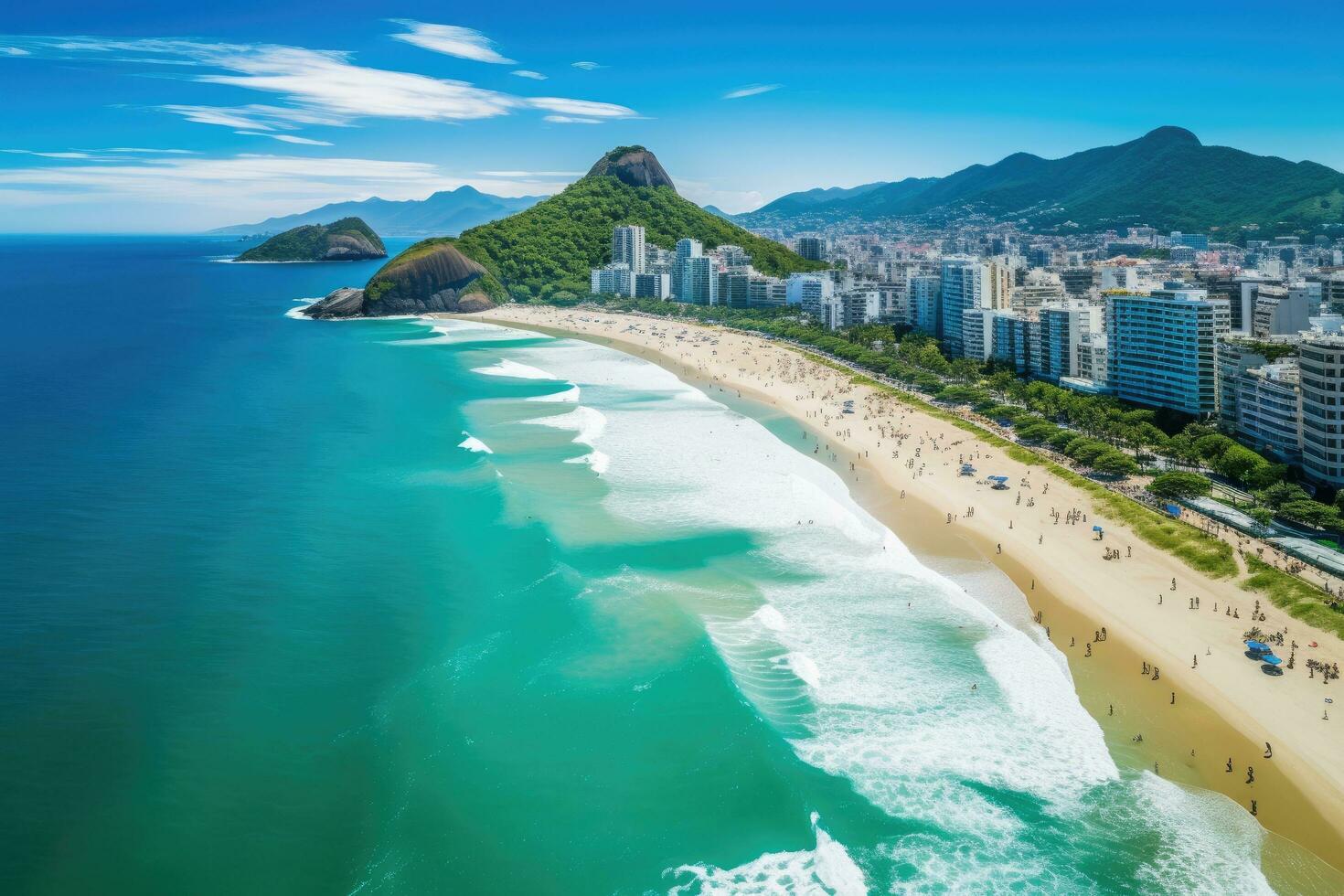 Aerial view of Copacabana beach in Rio de Janeiro, Brazil, Rio de Janeiro, Brazil, Aerial View of Ipanema Beach and Lagoa in the Summer, AI Generated photo