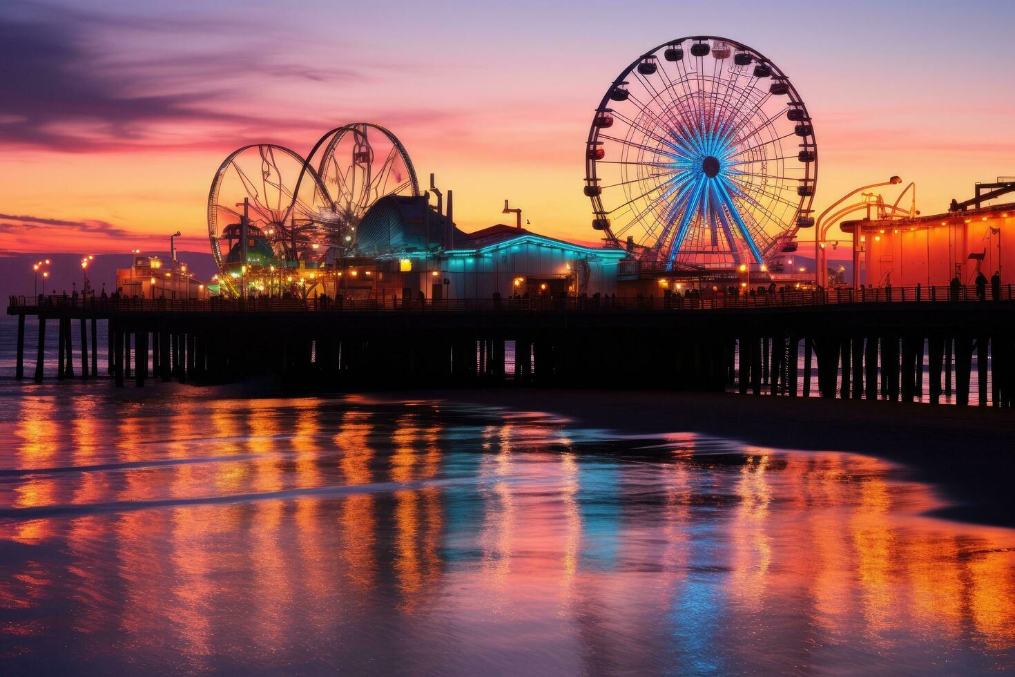 Sunset view of the pier and the ferris wheel in San Francisco, Santa Monica pier at sunset, AI Generated photo