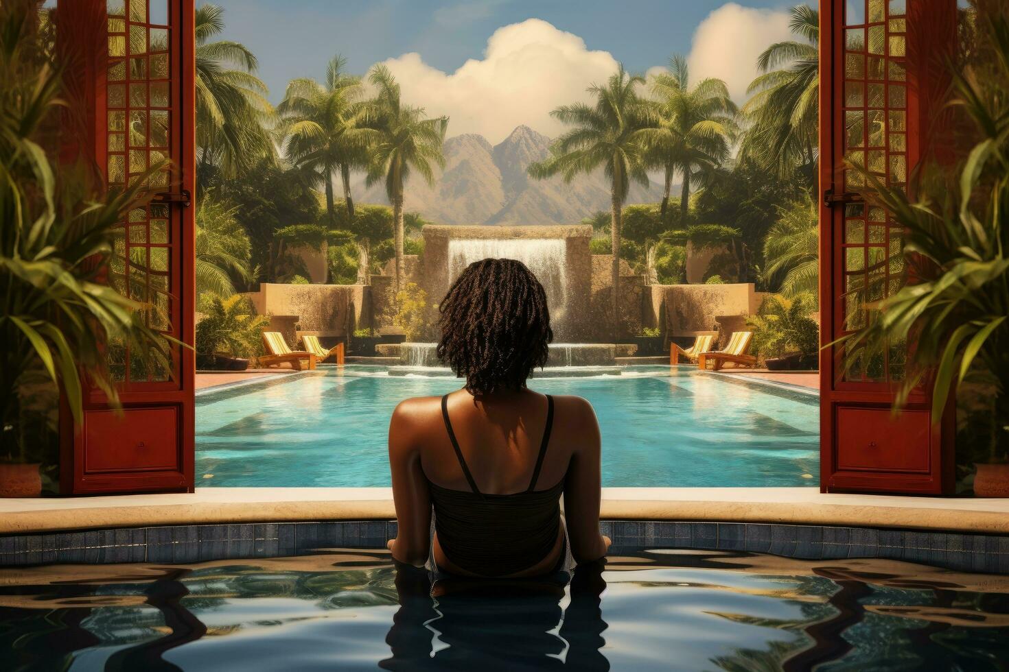 Woman sitting on the edge of a swimming pool with a view of a tropical landscape, Rear view of young african american woman relaxing in swimming pool at tropical resort, AI Generated photo