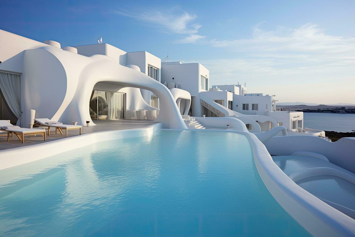 Luxury white villas on Santorini island, Greece, Two Deck Chair on Terrace with Pool and Stunning Sea View, AI Generated photo