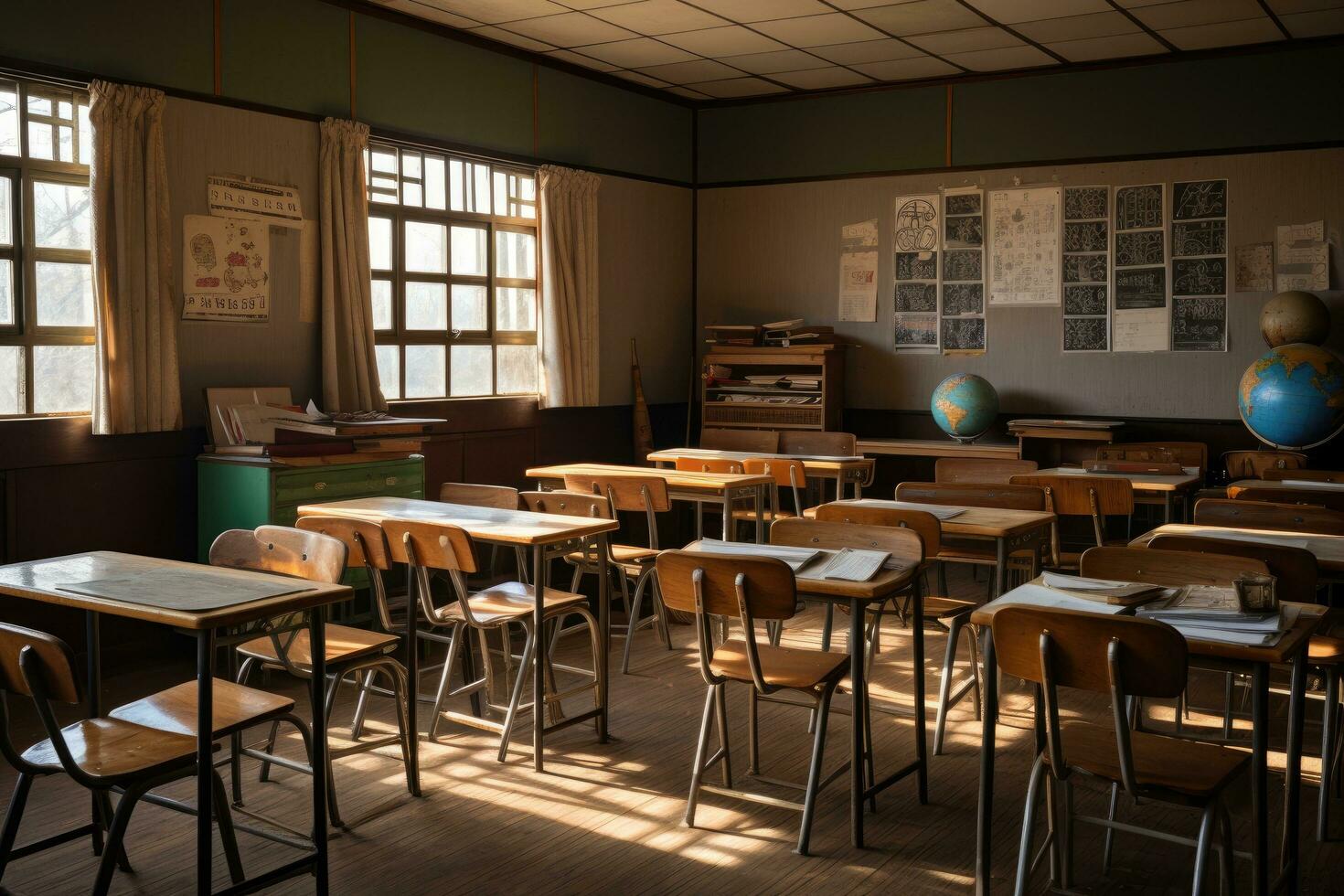 Classroom of an old school with a clock in the background, School classroom with school desks and blackboard in Japanese high school, AI Generated photo