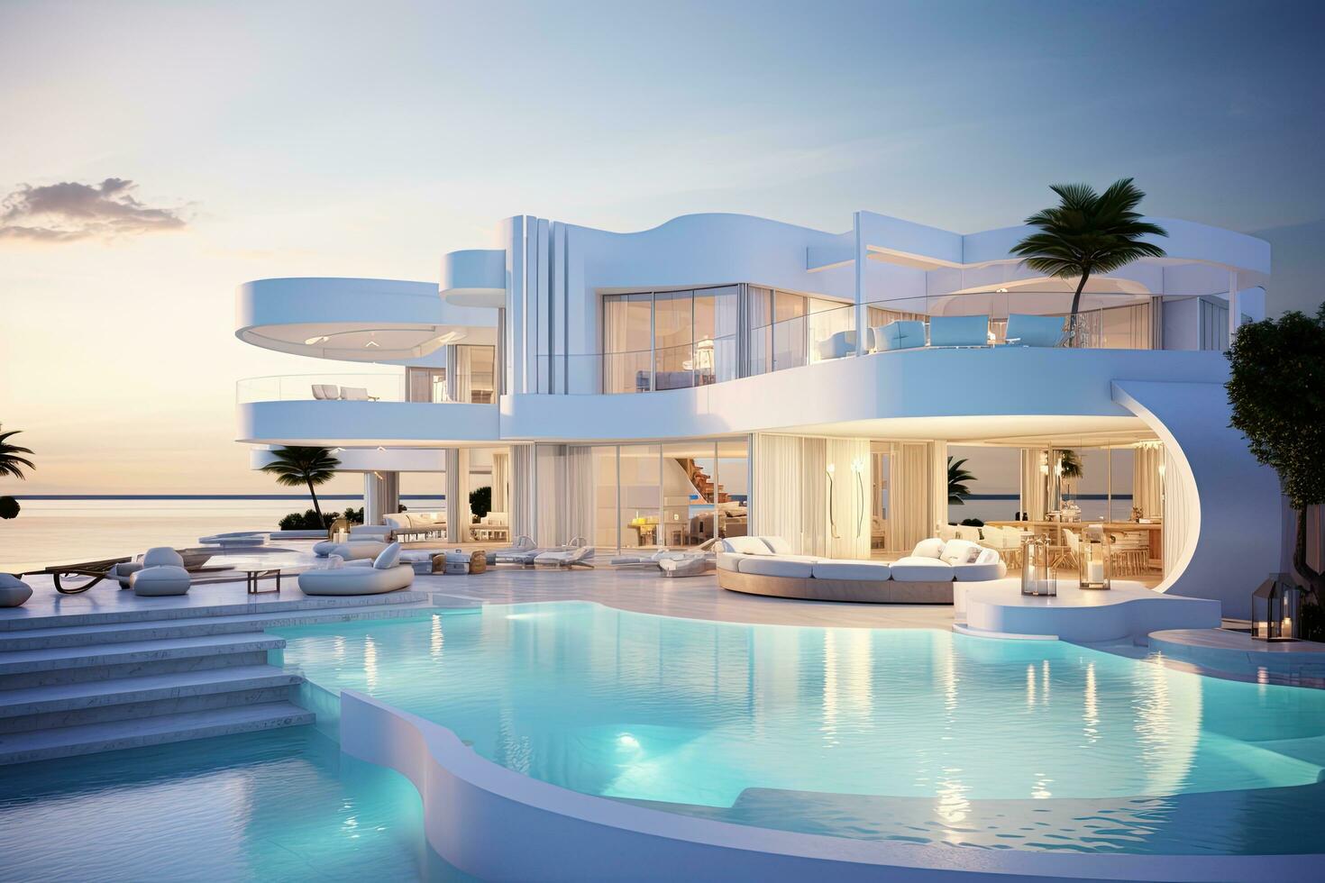 3d rendering of modern cozy house with pool and parking for sale or rent in luxurious style by the sea or ocean at sunset, Two Deck Chair on Terrace with Pool and Stunning Sea View, AI Generated photo