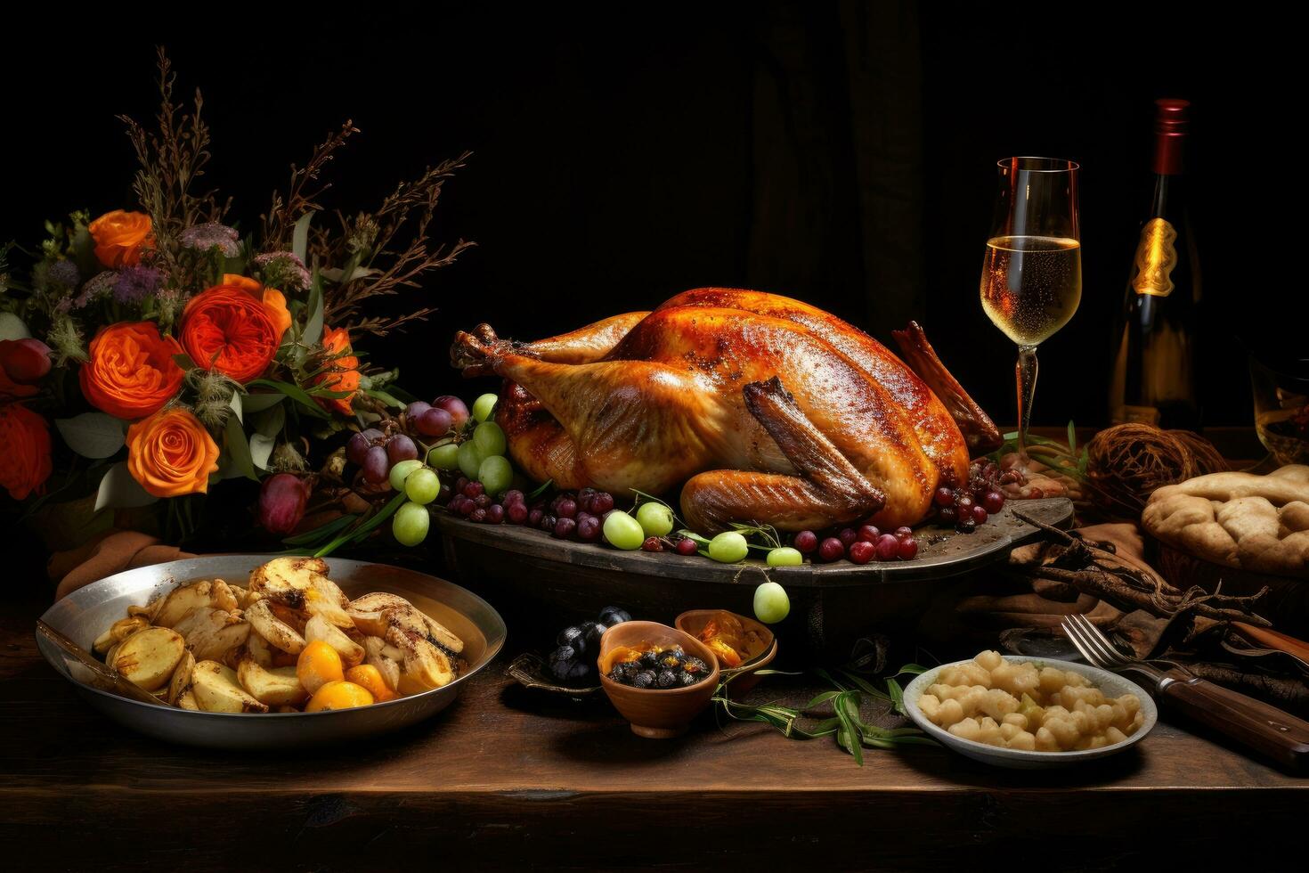 Thanksgiving dinner with roasted turkey, cornucopia, grapes and wine