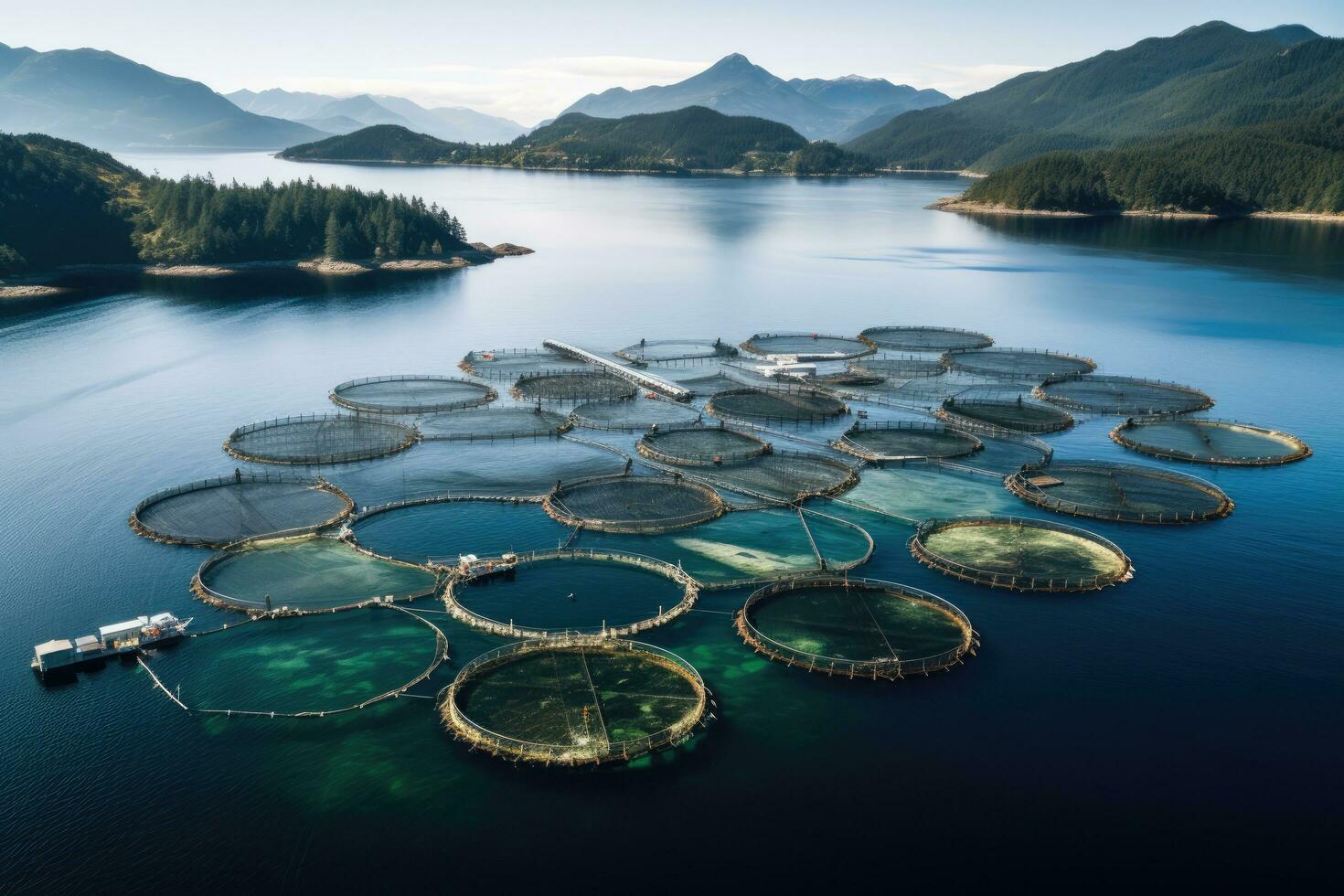 Aerial view of fish farm in Lake Wanaka, New Zealand, Salmon fish farm in ocean water near coast of Streymay Island, AI Generated photo