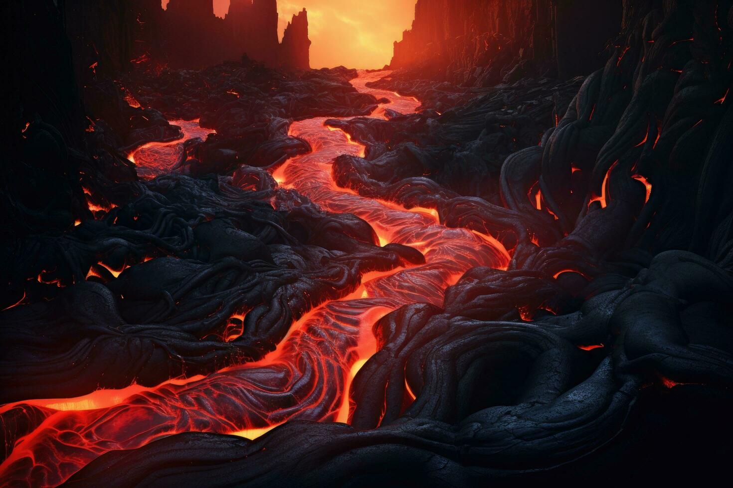 3D illustration of a lava flow in an alien landscape with flames, River of pahoehoe lava flowing down a cliff, AI Generated photo