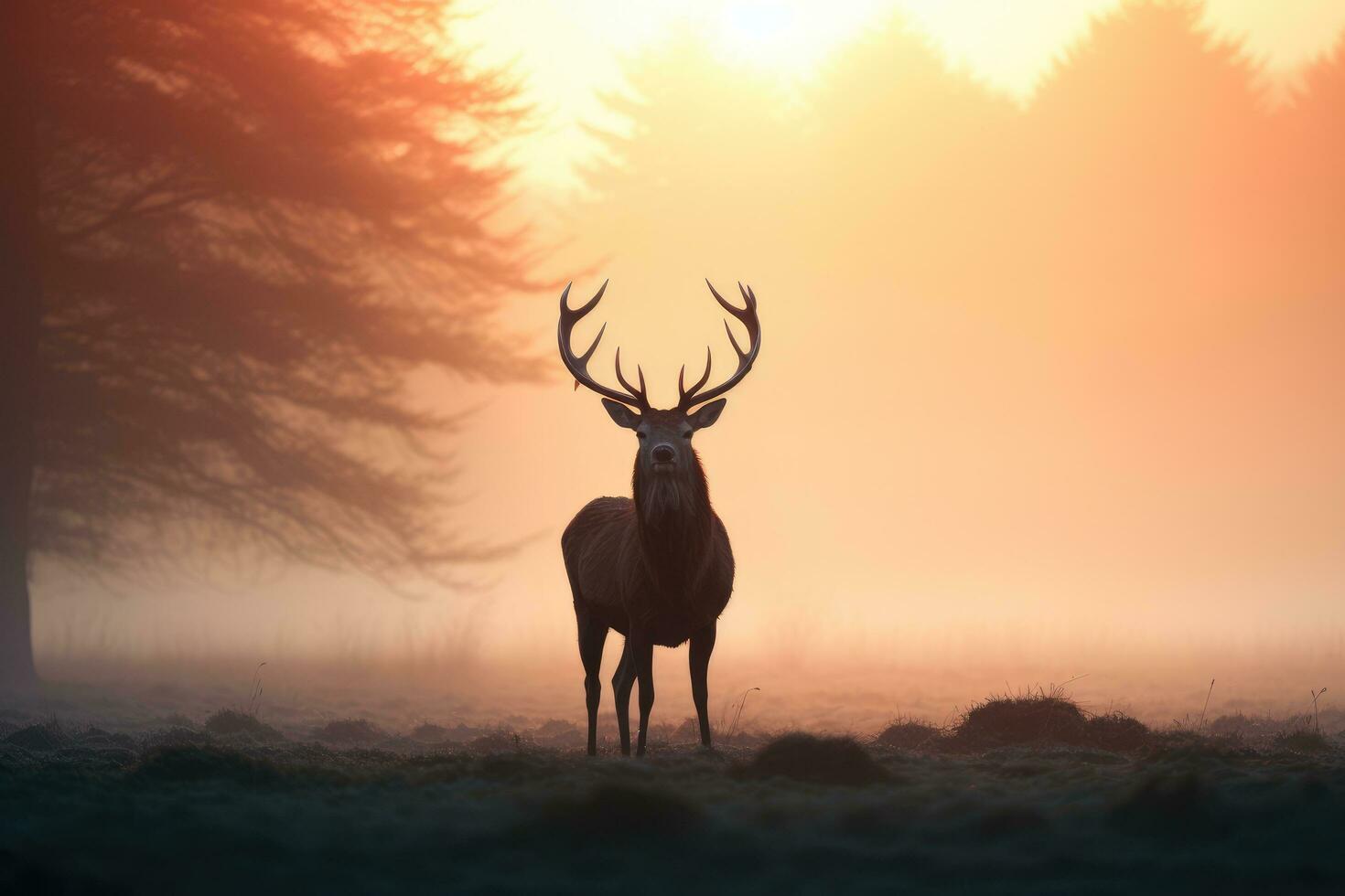 Red Deer Cervus elaphus stag during rutting season on a foggy morning, Red deer stag silhouette in the mist, AI Generated photo