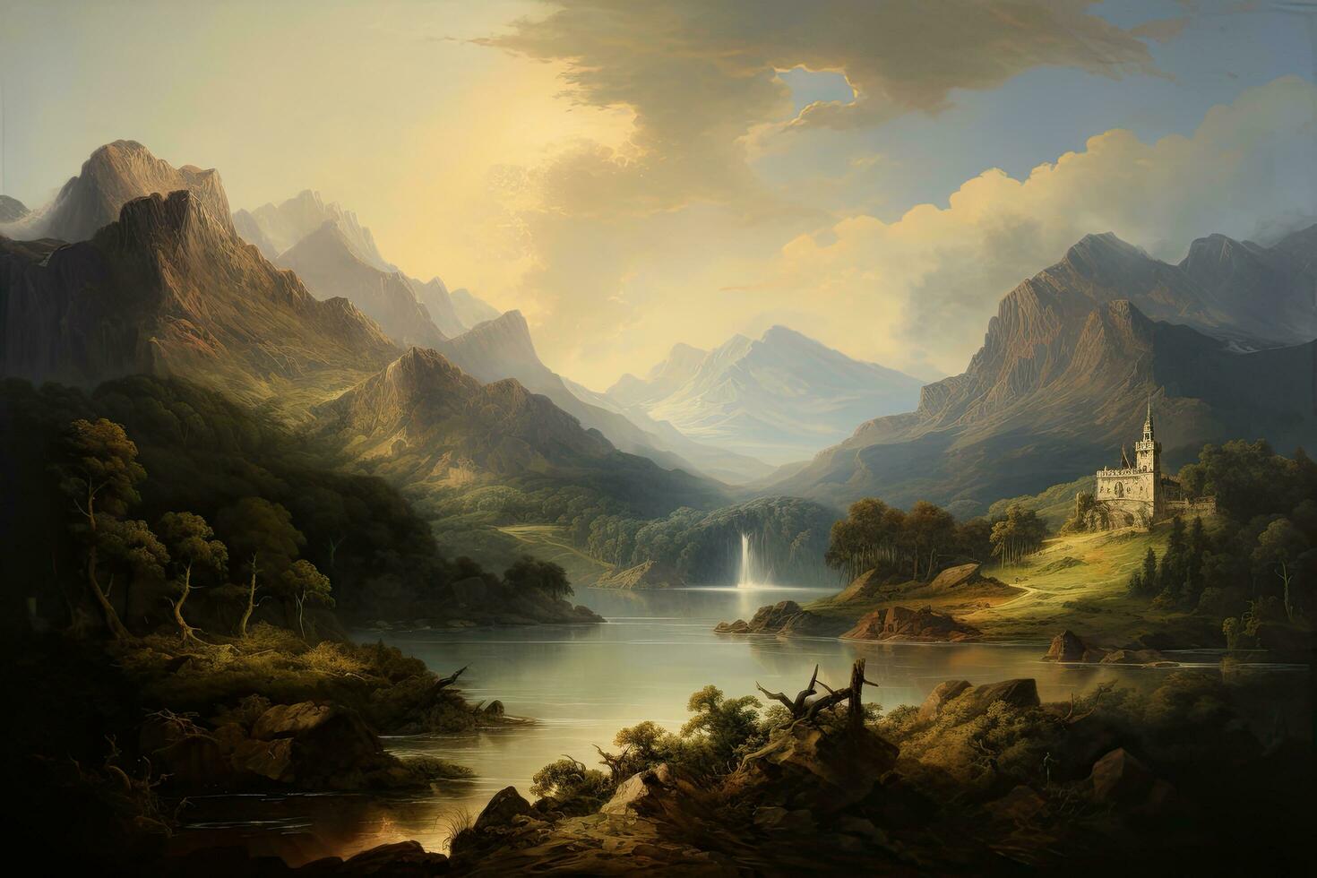 Digital painting of a lake with a church and mountains in the background, Renaissance era painting with a tranquil natural landscape with majestic mountains, AI Generated photo