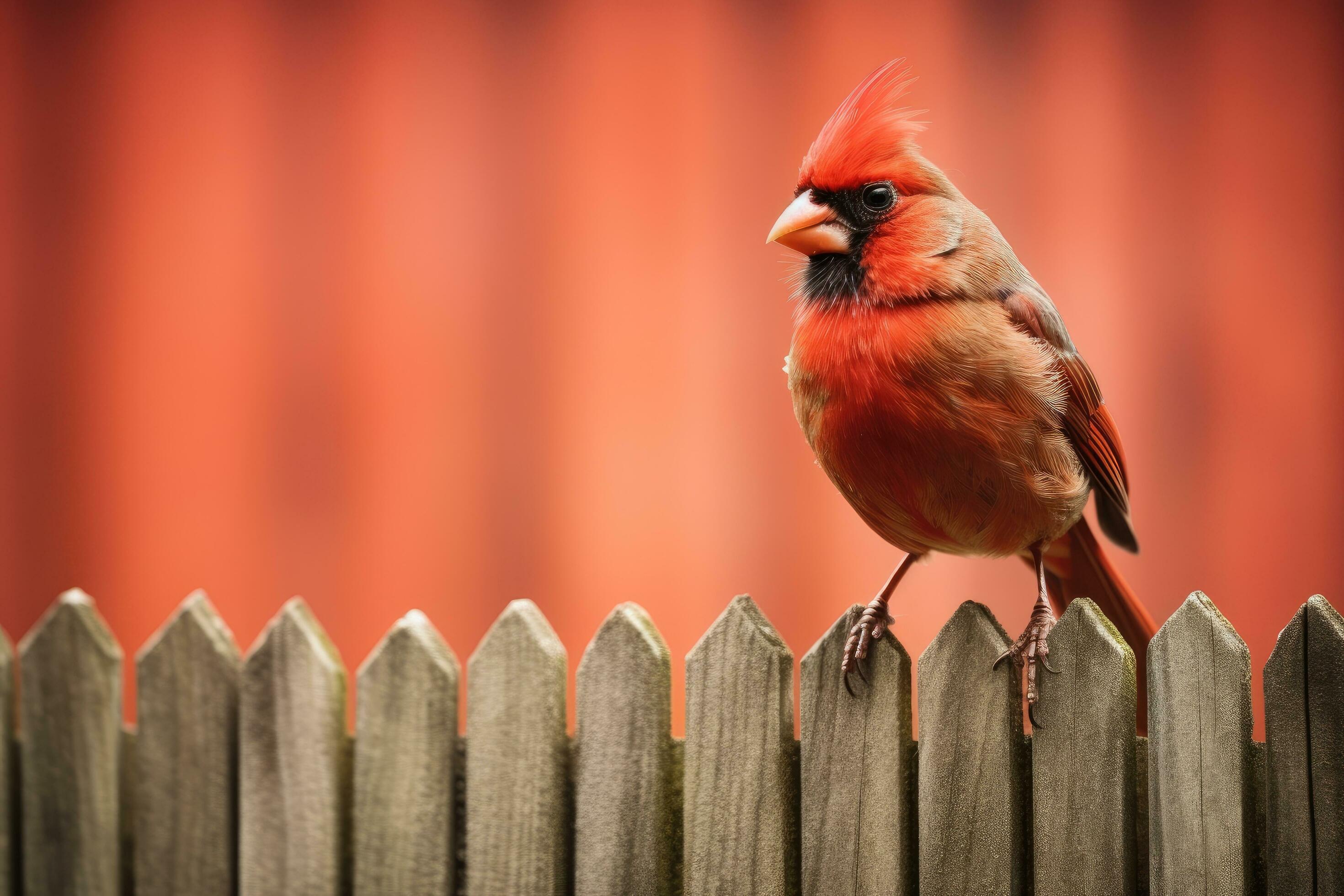 Male cardinal perched on a wooden fence in front of a red background