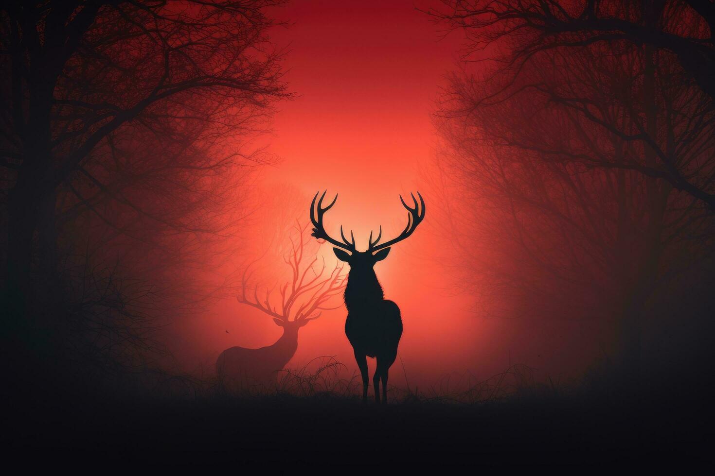 Silhouette of a red deer in a misty forest, Red deer stag silhouette in the mist, AI Generated photo