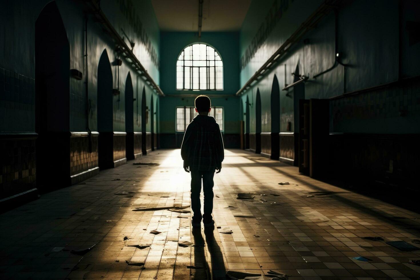 A young man in an abandoned building in the light of the sun, rear view Schoolboy walks down the school hallway, AI Generated photo
