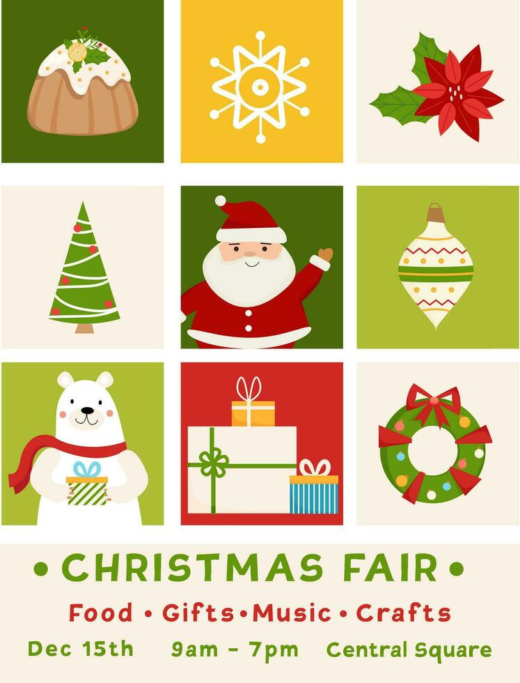 Christmas fair poster. Vector illustration for marketing materias, background, greeting card, party invitation card, website banner, social media banner.