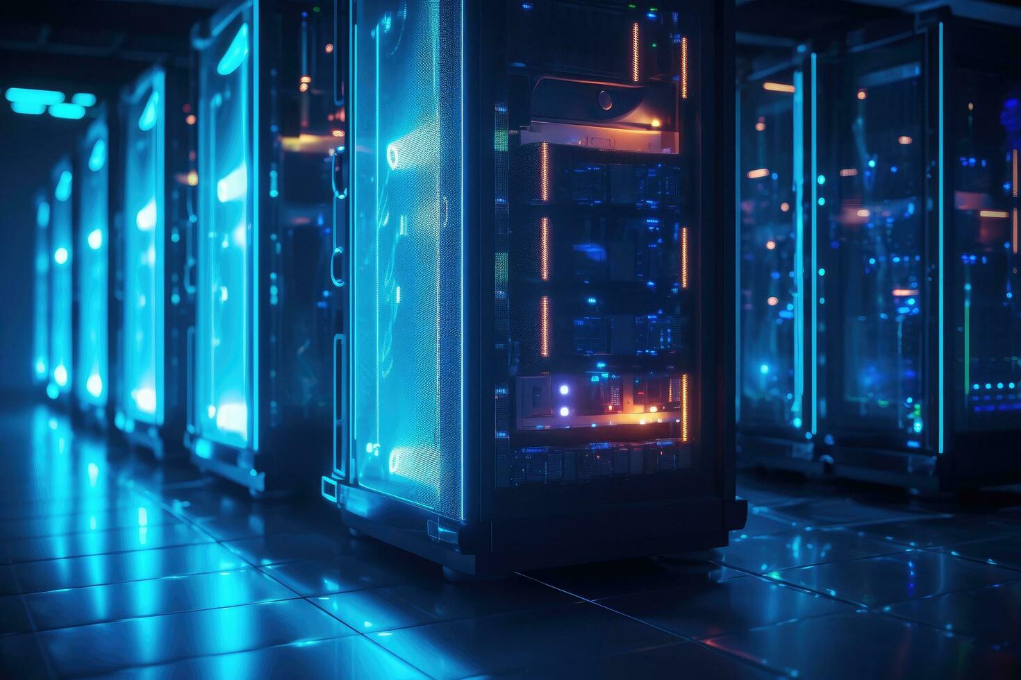 network server room data center with rows of hard drives. 3d rendering, Row of network servers with glowing LED lights, AI Generated photo