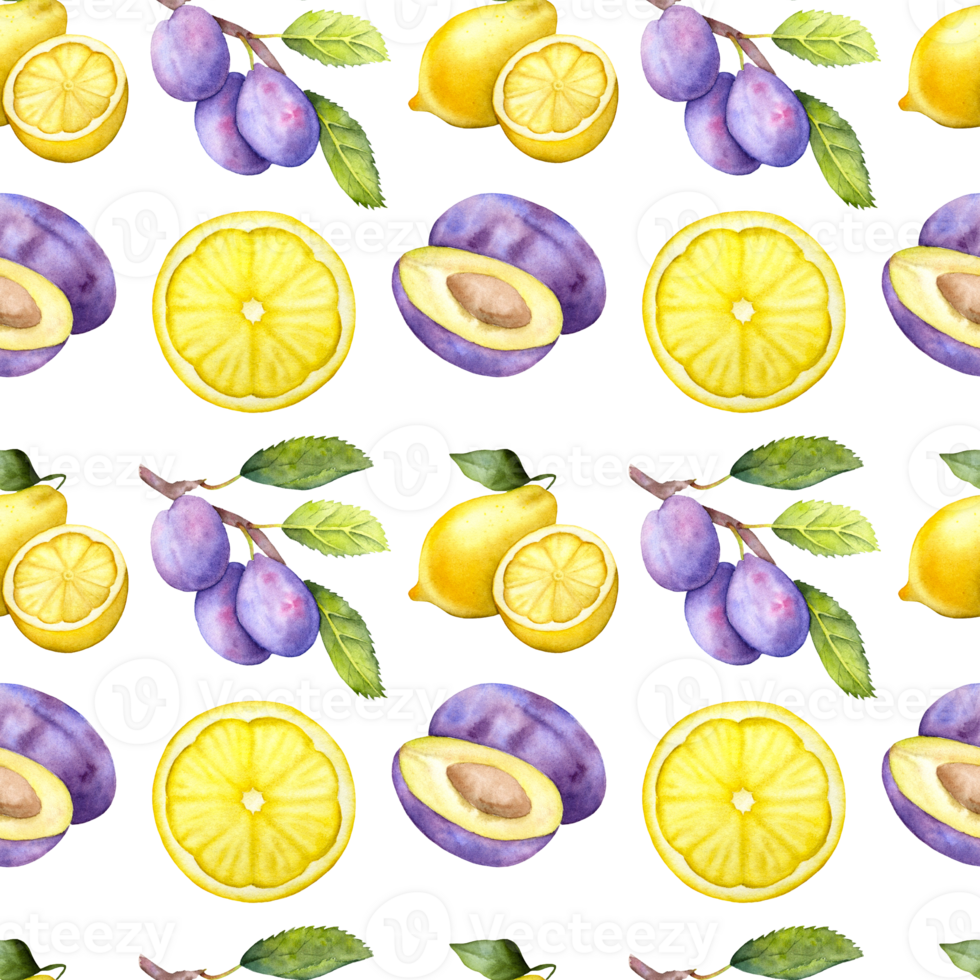 Seamless watercolor fruit pattern with lemons and plums. Hand painted botanical pattern with a lemon and plums. png