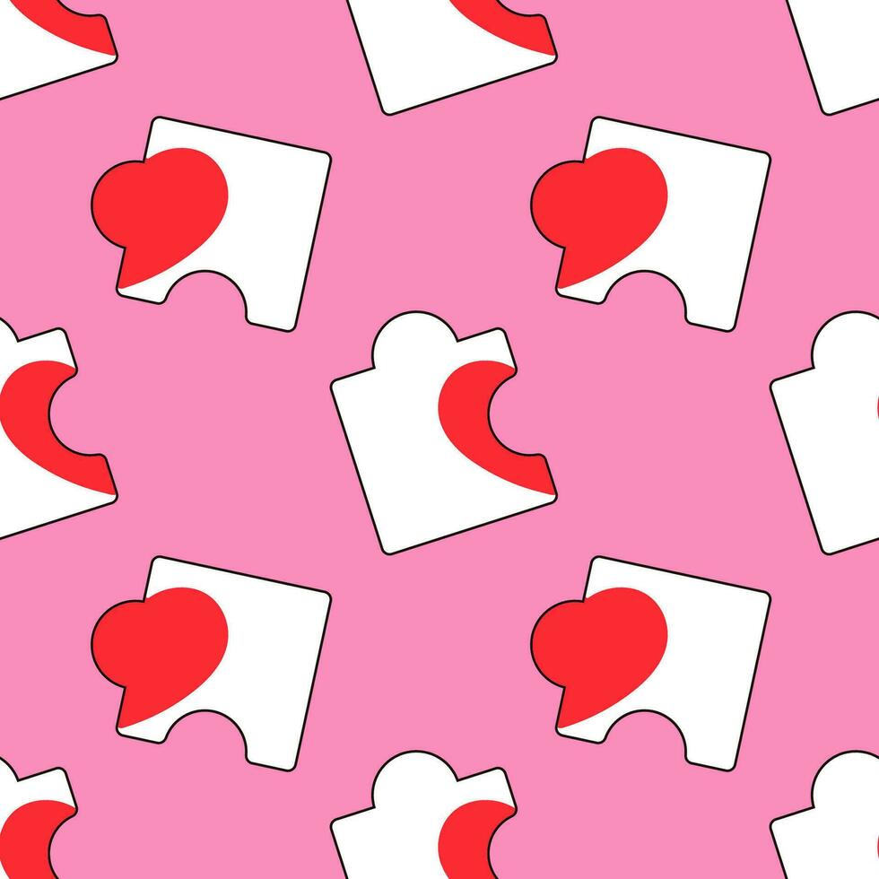 seamless pattern groovy heart, valentine's day, puzzle, pieces vector