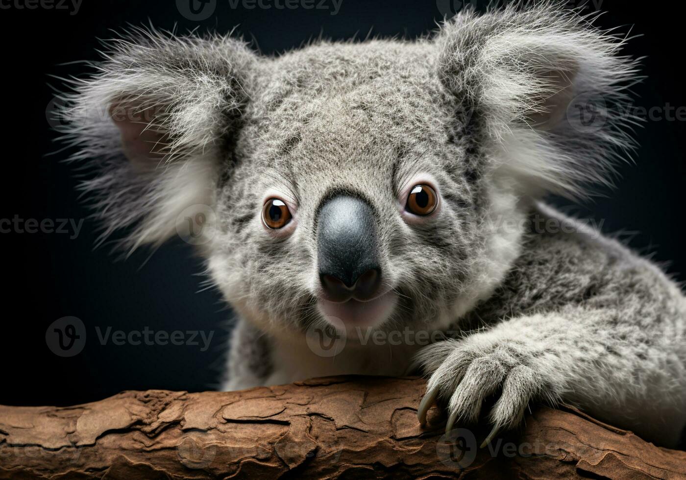 Realistic portrait of a koala isolated on dark background. AI generated photo