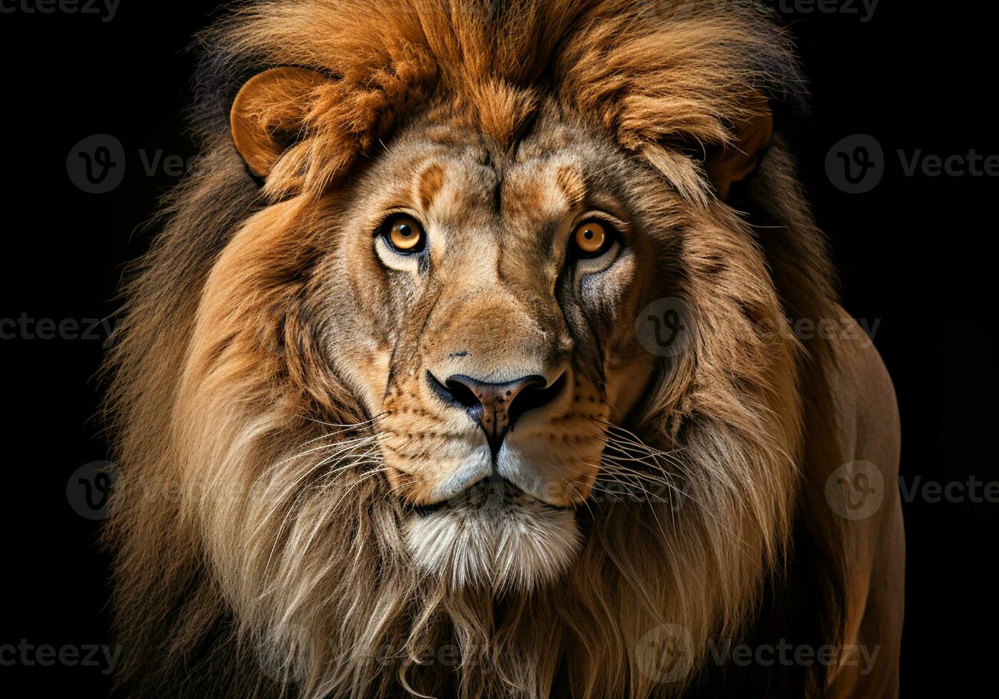 Realistic portrait of a lion isolated on dark background. AI generated photo