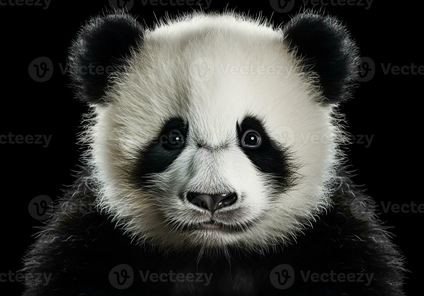 Realistic portrait of a panda isolated on dark background. AI generated photo