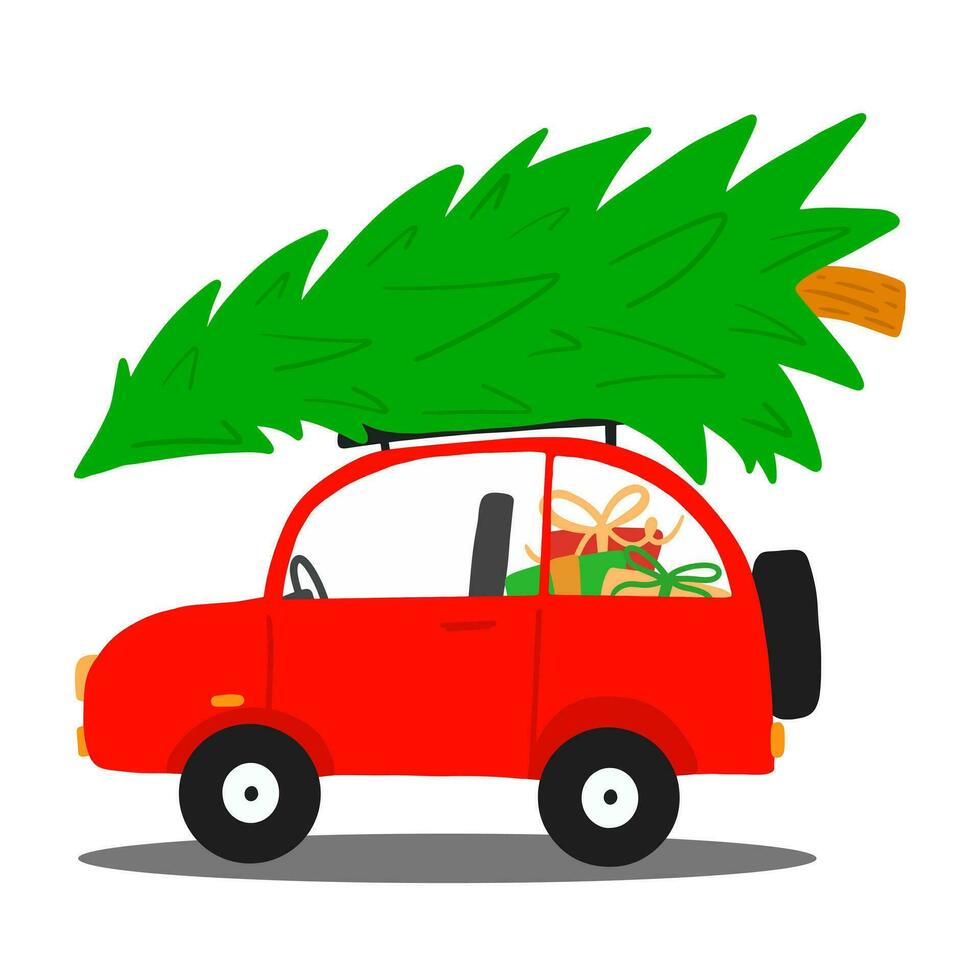 Navidad tarjeta. rojo coche con Navidad árbol para Navidad y nuevo año. vector ilustración. vector ilustración